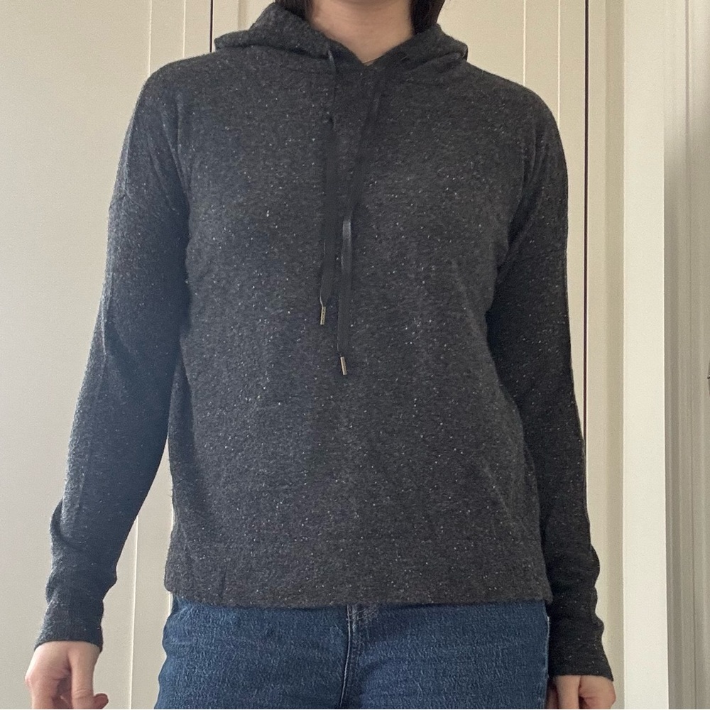 J. Crew Charcoal wool hoodie with leather drawstring accent size small